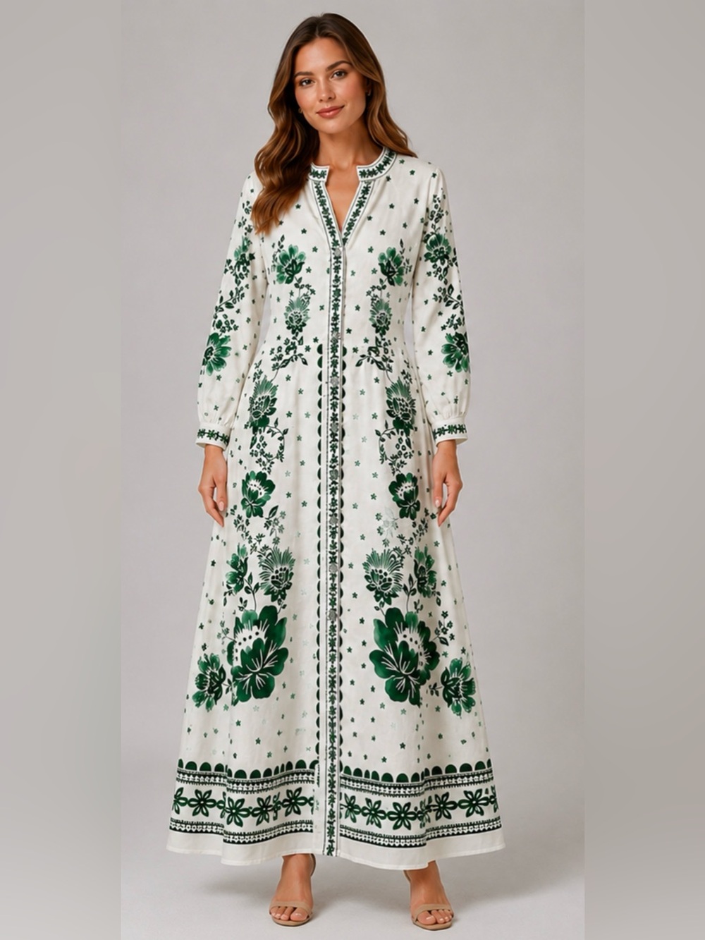 Magaschoni White Maxi Dress with Green Floral Print NEW SIZE L - Picture 2 of 8